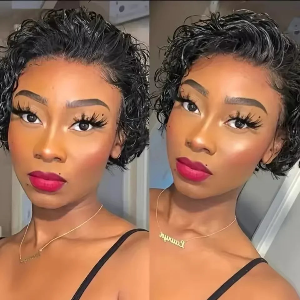 Pixie Cut Short Curly Brazilian Human Hair Wig 13x1 Transparent Lace Front (Water Wave)