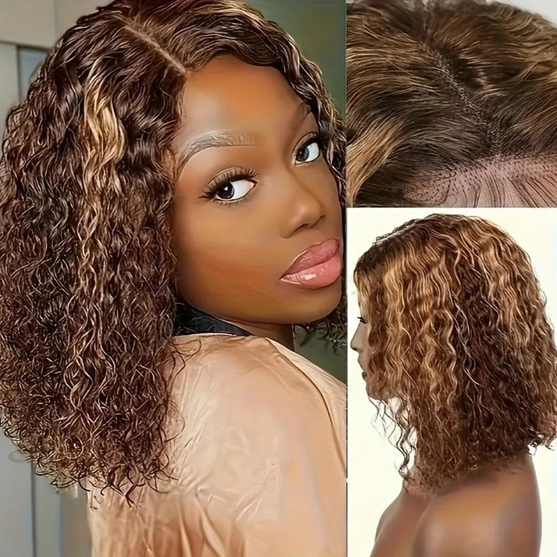 16" P4/27 Honey Brown Highlight Curly Bob Human Hair Wig (5x5 Glueless Transparent Lace)