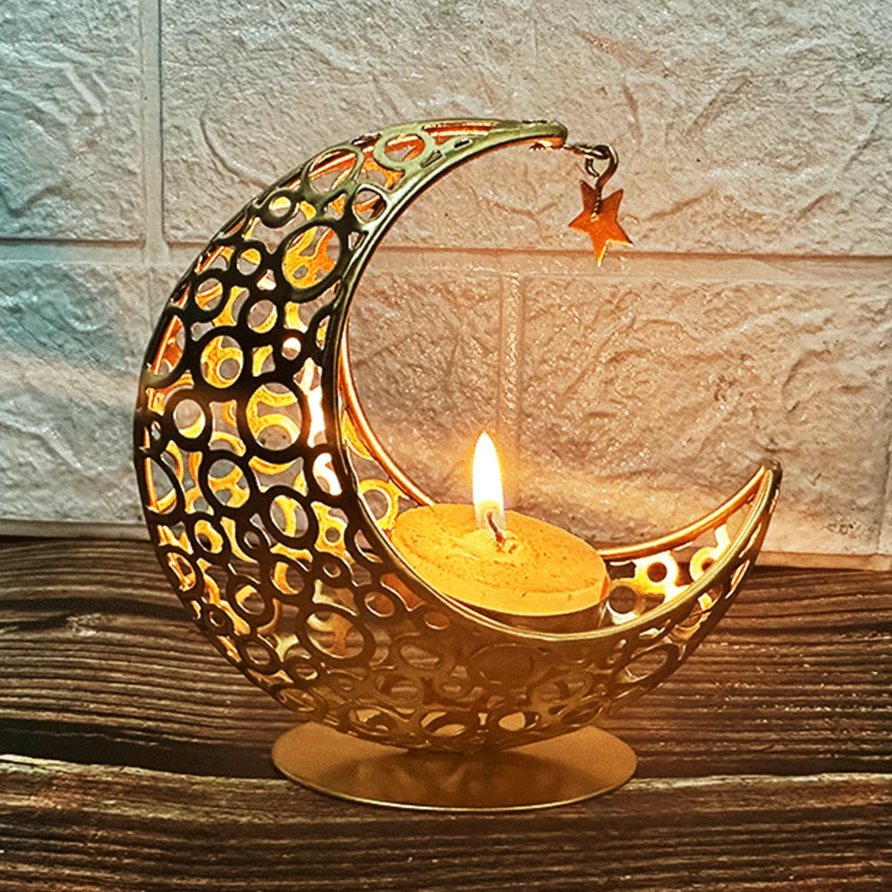 Eid Mubarak Moon Candle Holder – Ramadan Metal Candlestick for Home & Party Decor