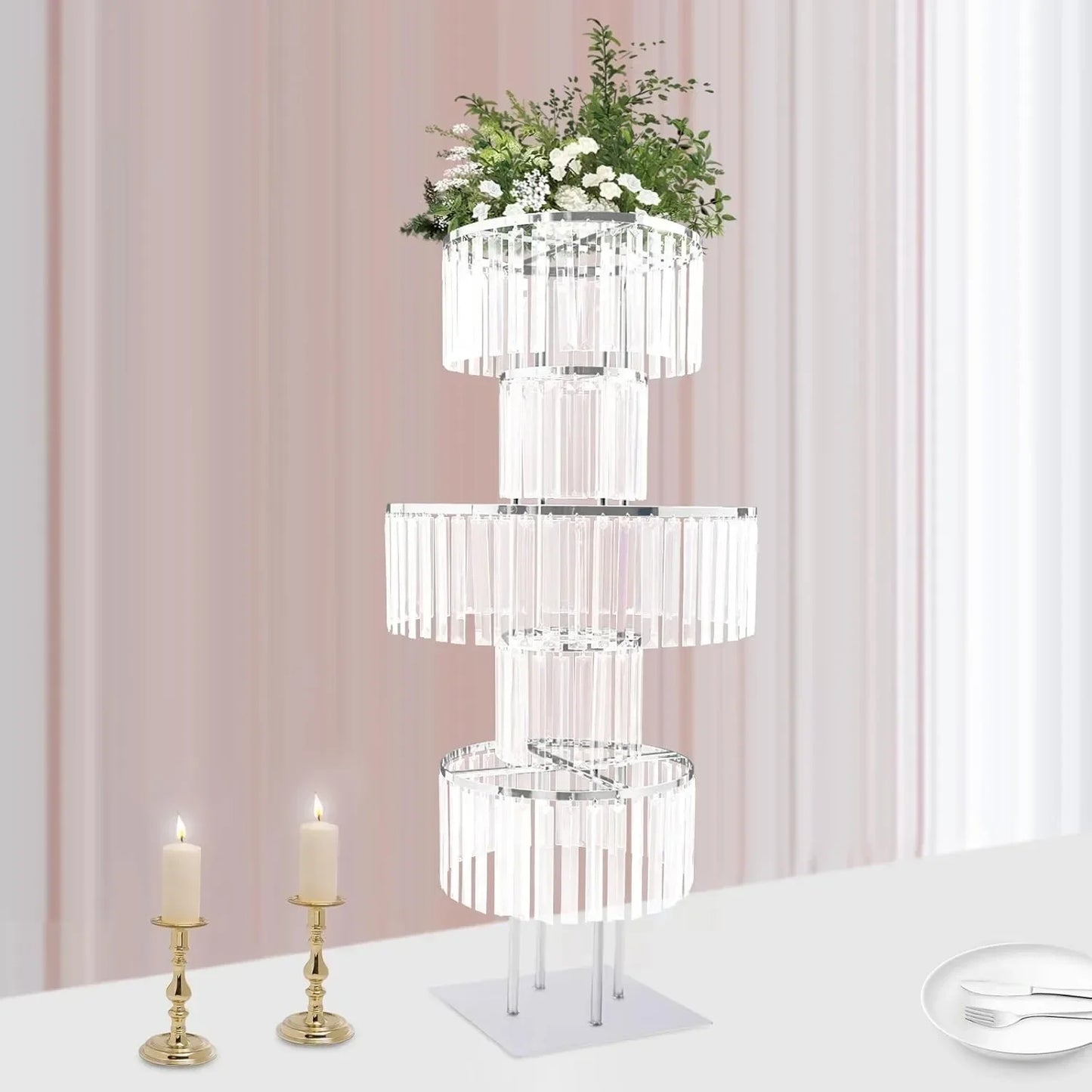 5-Tier Crystal Flower Stand 43.3” Round Chandelier Pedestal – Wedding & Party Table Centerpiece Décor