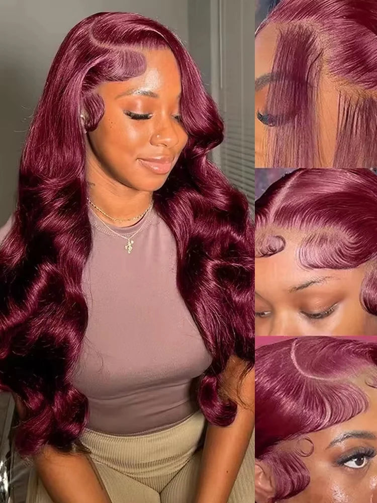 99J Burgundy Body Wave Lace Front Human Hair Wig – 200% Density, 13x4 / 13x6 HD Transparent Lace