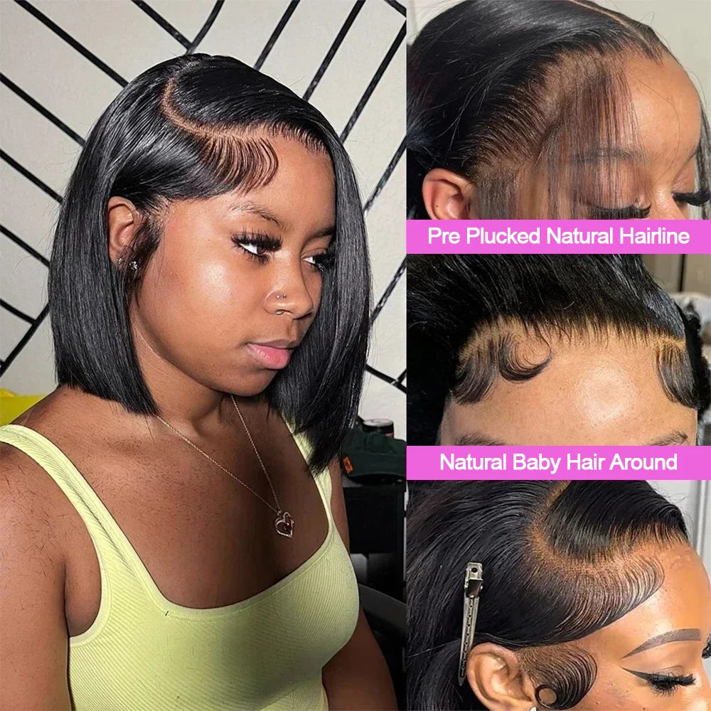 Glueless 13×6 HD Lace Front Short Bob Wig – 100% Human Hair, Pre-Plucked Hairline, Wear & Go Straight Bob