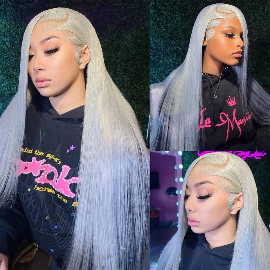 Transparent 13x6 Silver Grey Body Wave Human Hair Lace Front Wig – Pre-Plucked, 250–300% Density, Long Remy Brazilian Hair