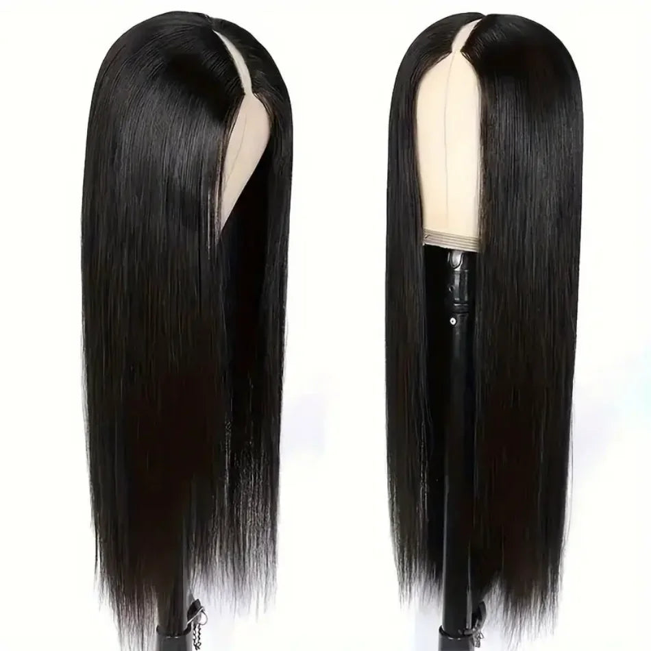 Glueless V Part Straight Human Hair Wig (220% Density, Natural Black, Beginner Friendly, No Leave Out)
