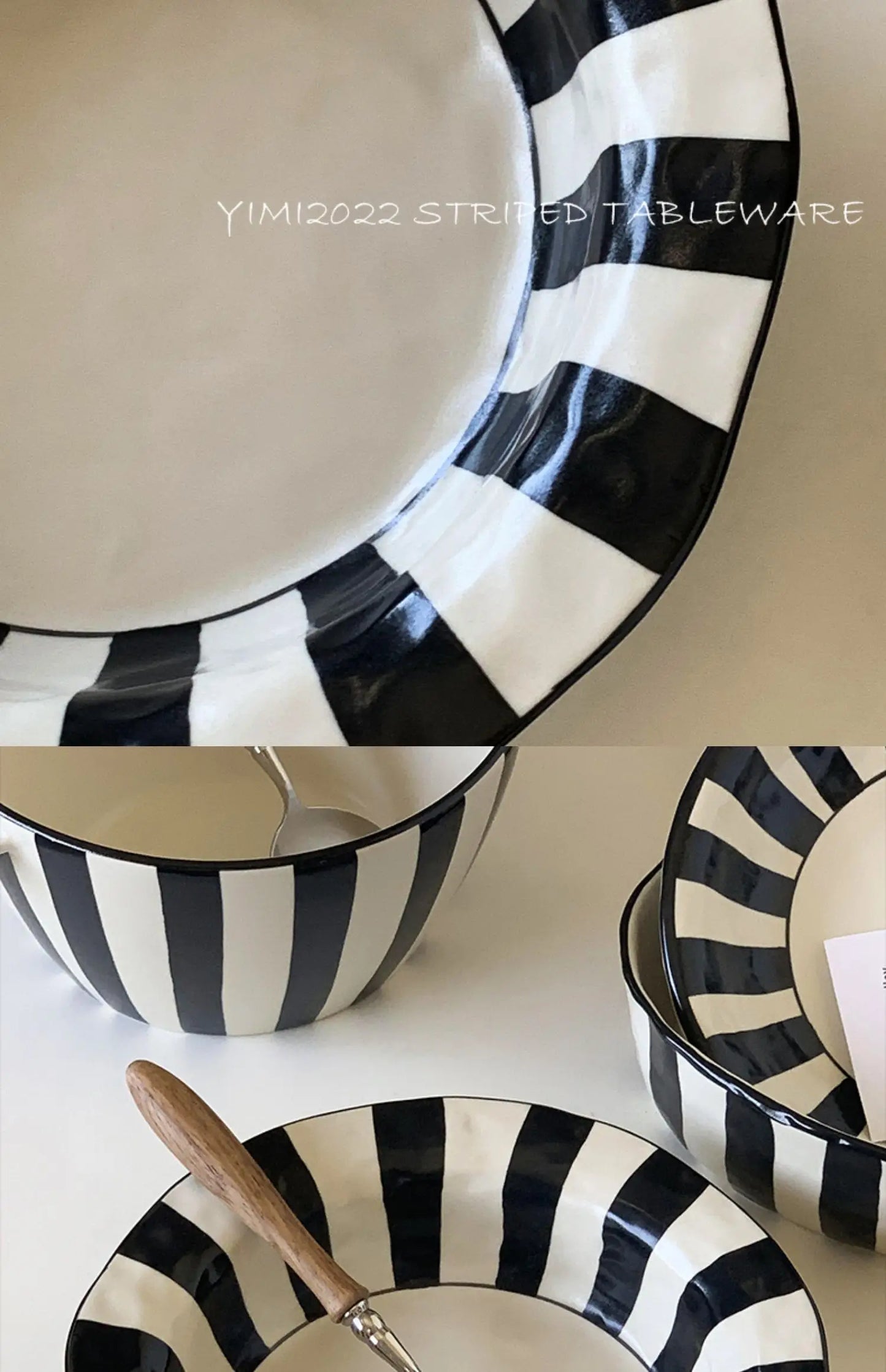 Ins Style Striped Ceramic Bowl – Handcrafted Black & White Tableware for Breakfast, Noodles, Fruits & Desserts