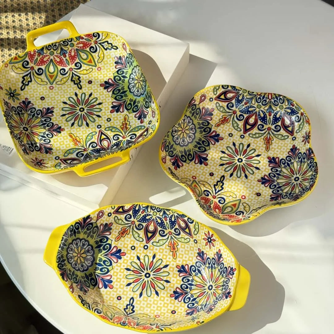 Bohemian Ceramic Plate Set – Double-Eared Fish Plates & High-Value Salad Dish for Home Dining and Cooking