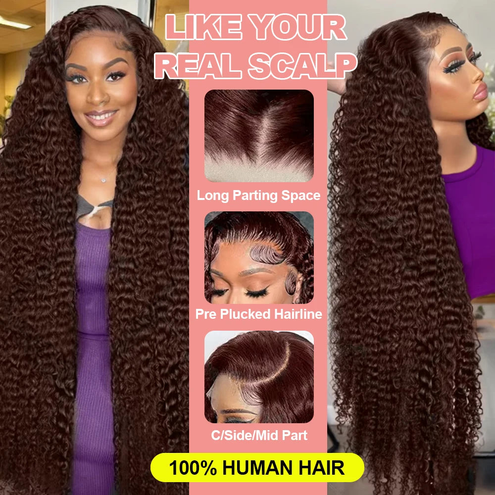 Deep Curly Chocolate Brown HD Lace Frontal Wig – 13x4 / 13x6 Virgin Brazilian Human Hair (30–36 Inch)