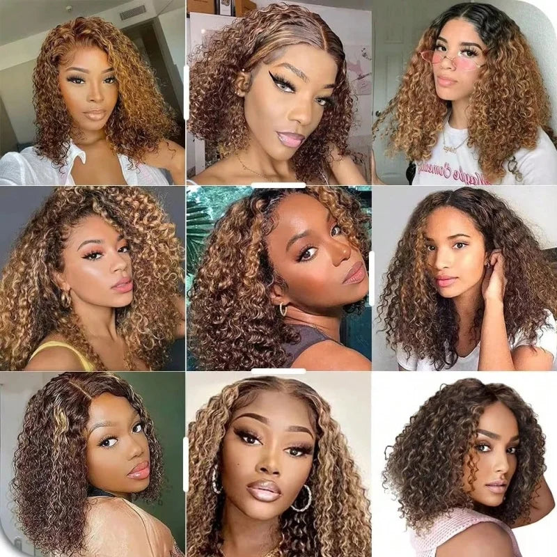 16" P4/27 Honey Brown Highlight Curly Bob Human Hair Wig (5x5 Glueless Transparent Lace)