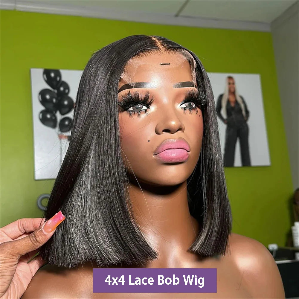 14 & 16 Inch HD Transparent Bone Straight Bob Lace Wig – 4x4 / 5x5 / 13x4, 250% Density, Natural Black