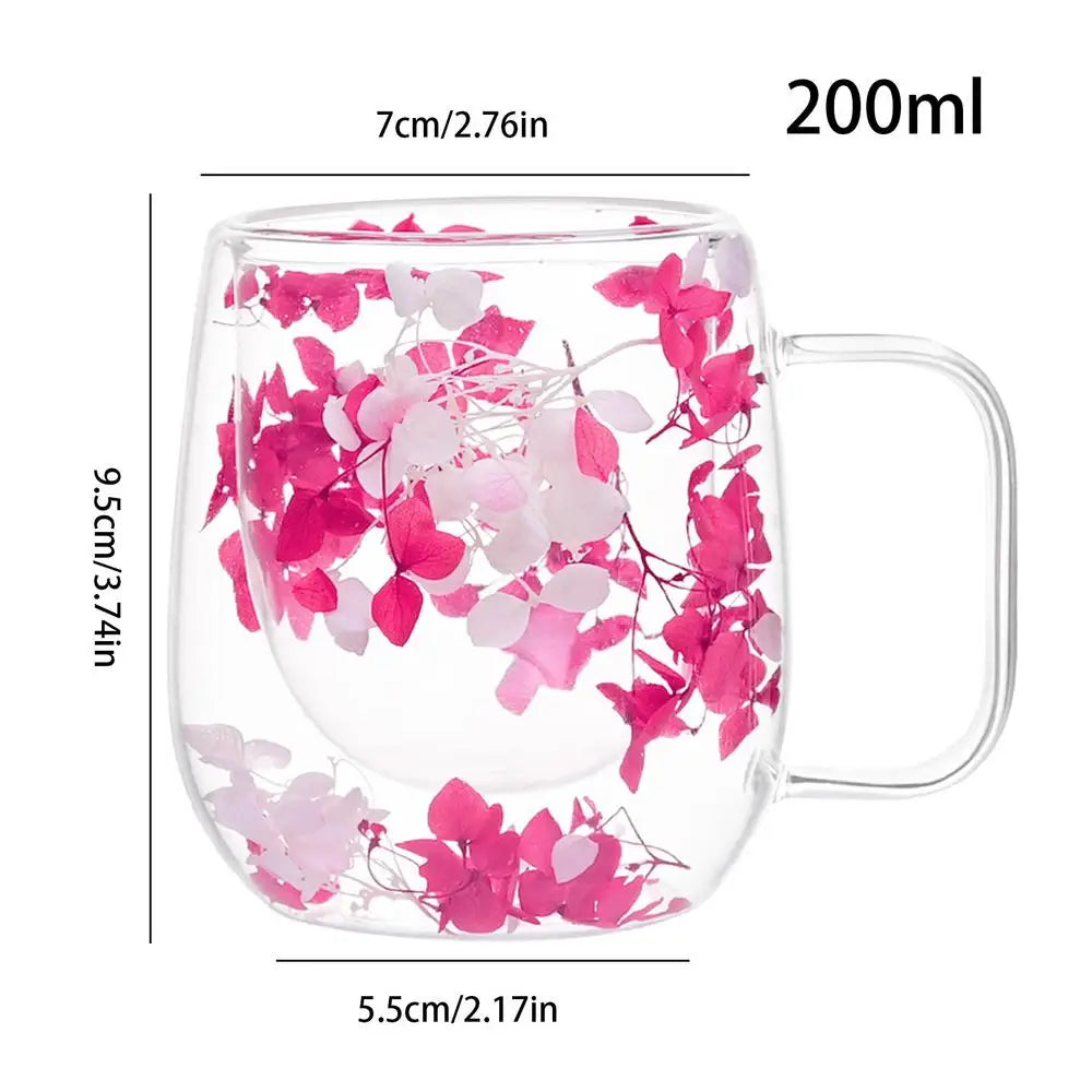 🌸 Double Wall Glass Cup 200ml – Clear Dried Flower Coffee & Tea Mug with Handle