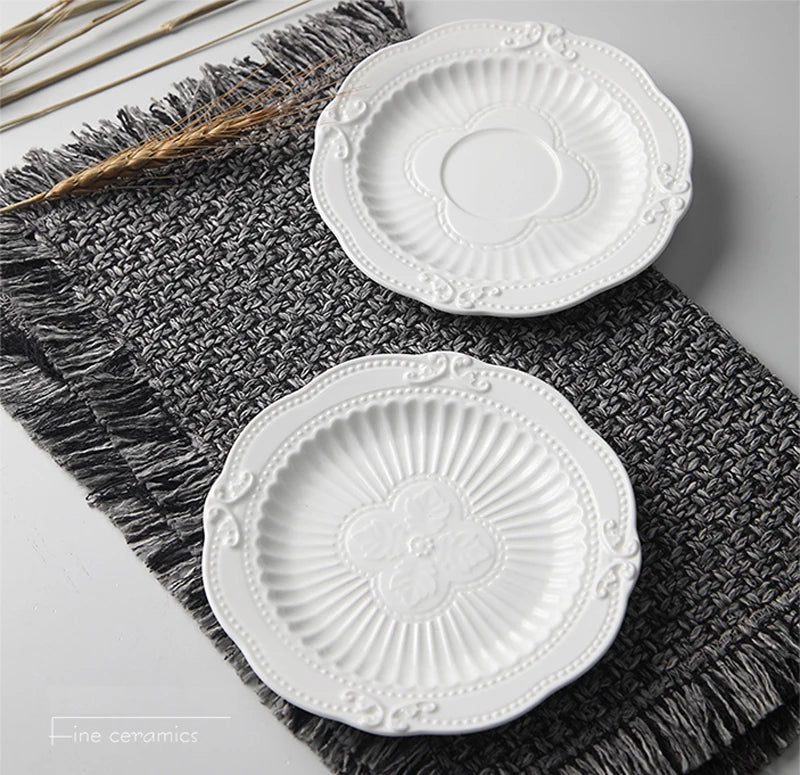 White Embossed Porcelain Plate – 6-Inch Round Ceramic Serving Dish for Weddings, Parties & Elegant Buffet Displays