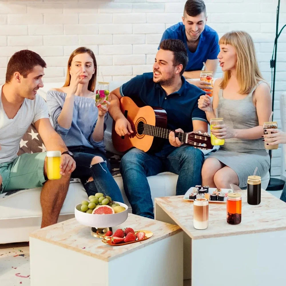 550ML Glass Cup with Wooden Lid & Straw – Clear Coffee & Juice Mug