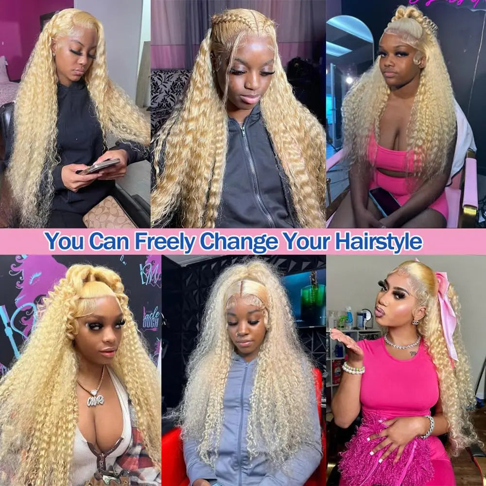 Curvique 613 Honey Blonde Deep Water Wave 13x6 HD Lace Front Wig (Brazilian Remy Human Hair)