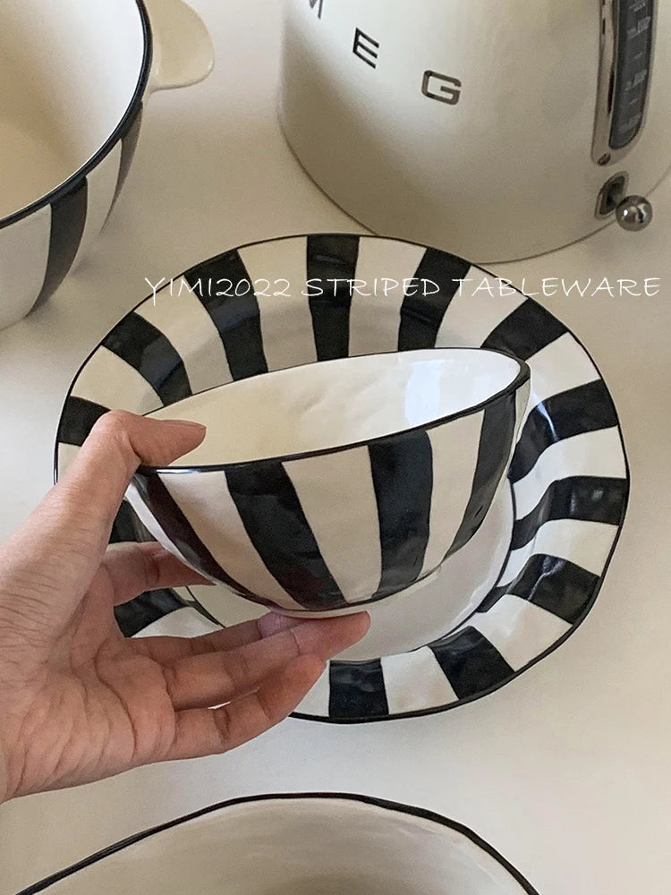 Ins Style Striped Ceramic Bowl – Handcrafted Black & White Tableware for Breakfast, Noodles, Fruits & Desserts