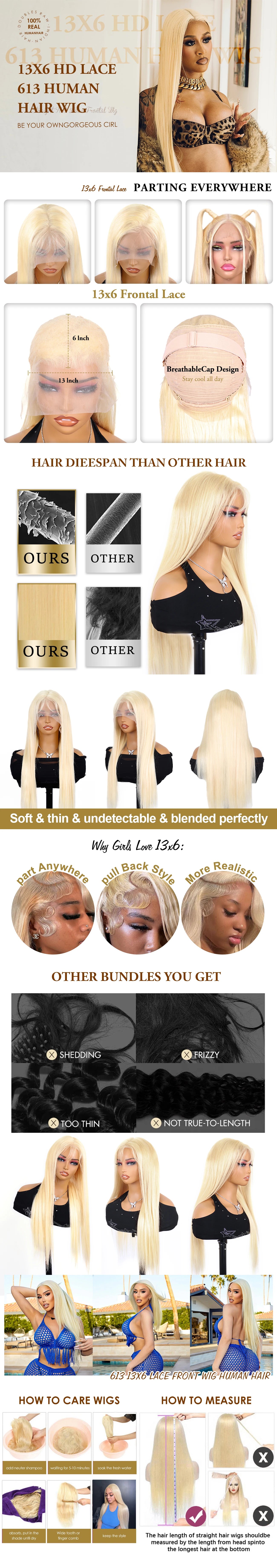 40–46 Inch 613 Blonde Bone Straight 13x6 HD Lace Front Human Hair Wig