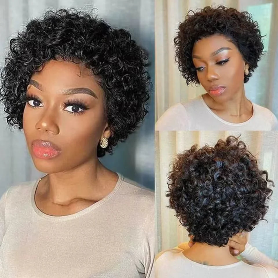 Pixie Cut Short Curly Brazilian Human Hair Wig 13x1 Transparent Lace Front (Water Wave)