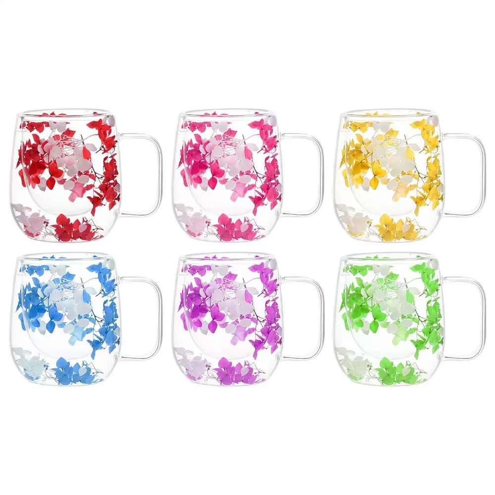 🌸 Double Wall Glass Cup 200ml – Clear Dried Flower Coffee & Tea Mug with Handle