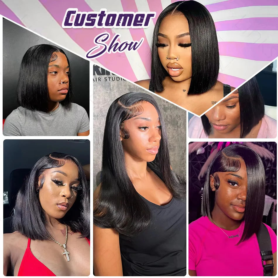 14 & 16 Inch HD Transparent Bone Straight Bob Lace Wig – 4x4 / 5x5 / 13x4, 250% Density, Natural Black