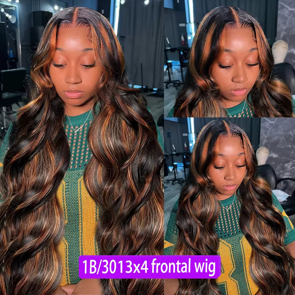 1B/30 Black Brown Body Wave 13x6 HD Lace Front Human Hair Wig (P427 Highlight Ombre, Remy Brazilian Hair)