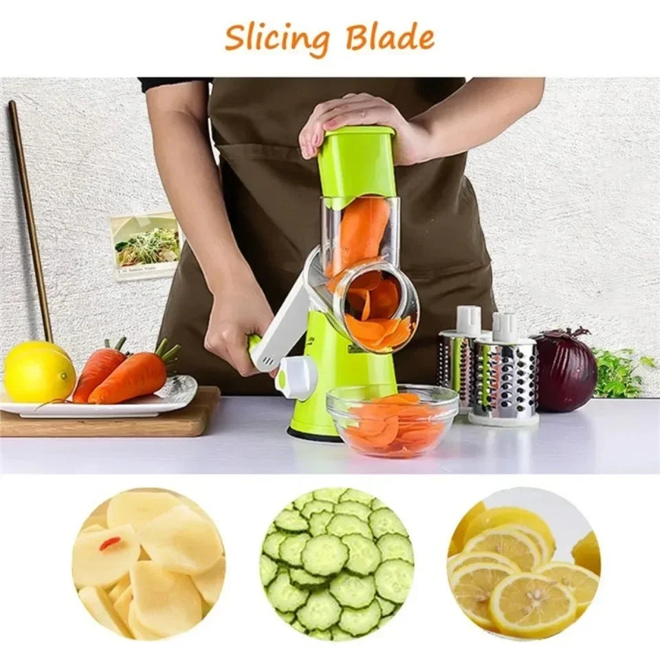 Manual Vegetable Cutter & Cheese Slicer – 3 Drum Blades for Shredding, Slicing & Grating