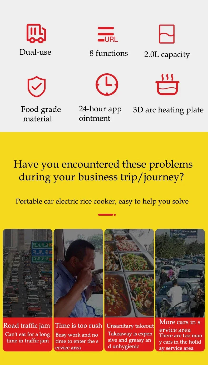 Portable 2L Car Rice Cooker – 12V/24V Electric Multi-Cooker for Soup, Porridge & Steamed Meals