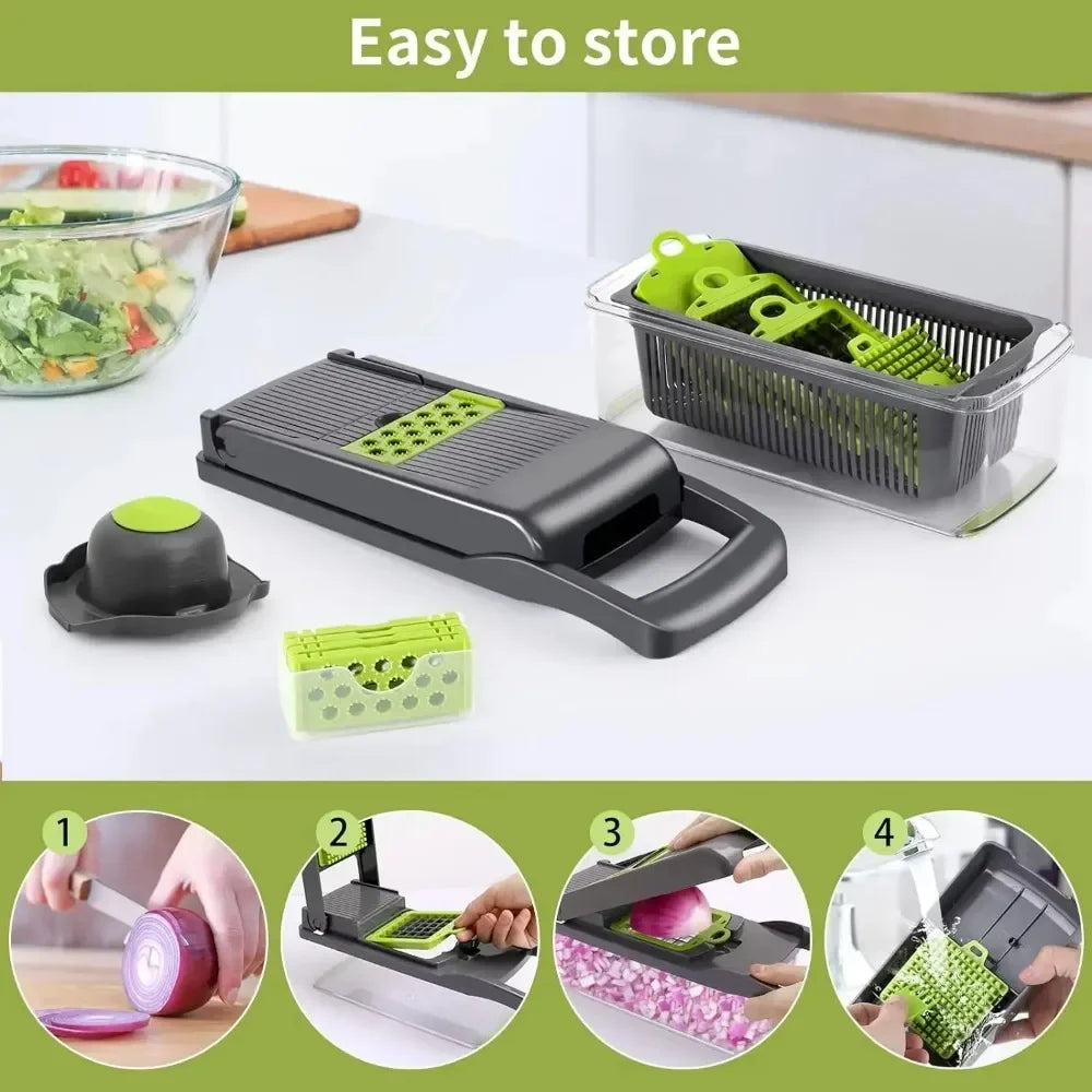 Multifunctional Vegetable Chopper 14/16-in-1 | Food Slicer, Dicer & Grater with Container – Stainless Steel Blades