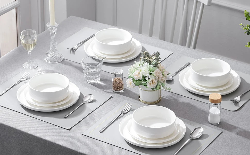 12-Piece White Porcelain Dinnerware Set – Plates & Bowls for 4, Microwave Safe