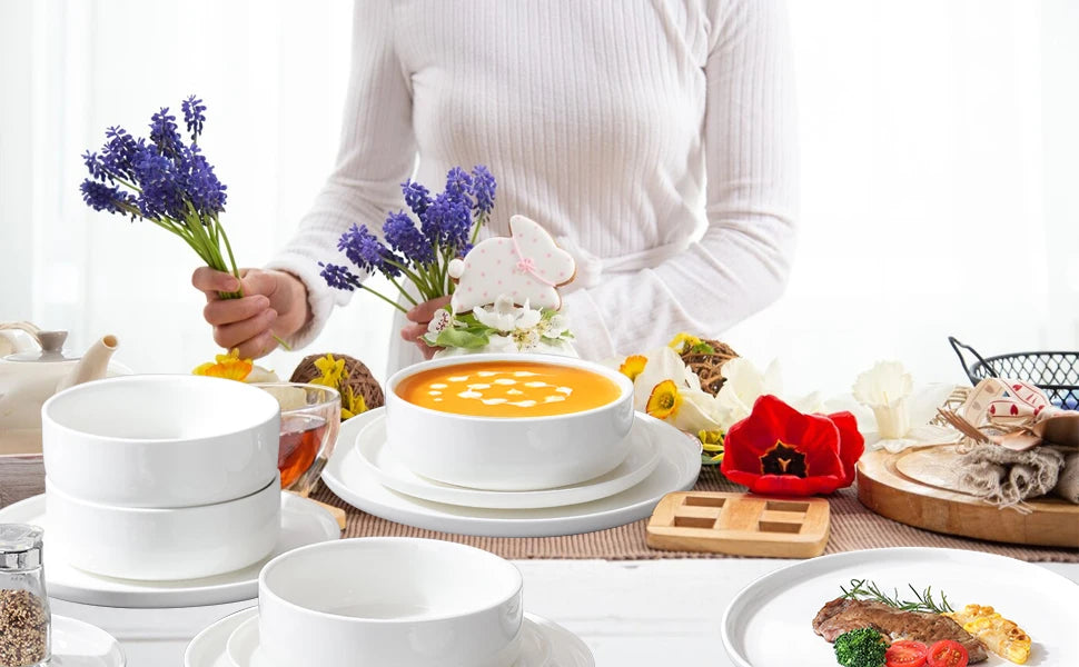 12-Piece White Porcelain Dinnerware Set – Plates & Bowls for 4, Microwave Safe