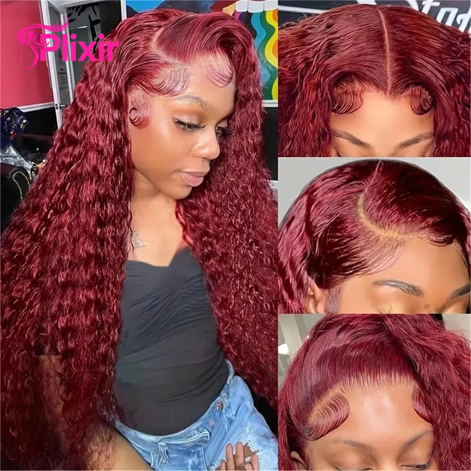 99J Burgundy Deep Wave HD Lace Front Human Hair Wig (13x6 / 13x4, Brazilian Remy, 30”)