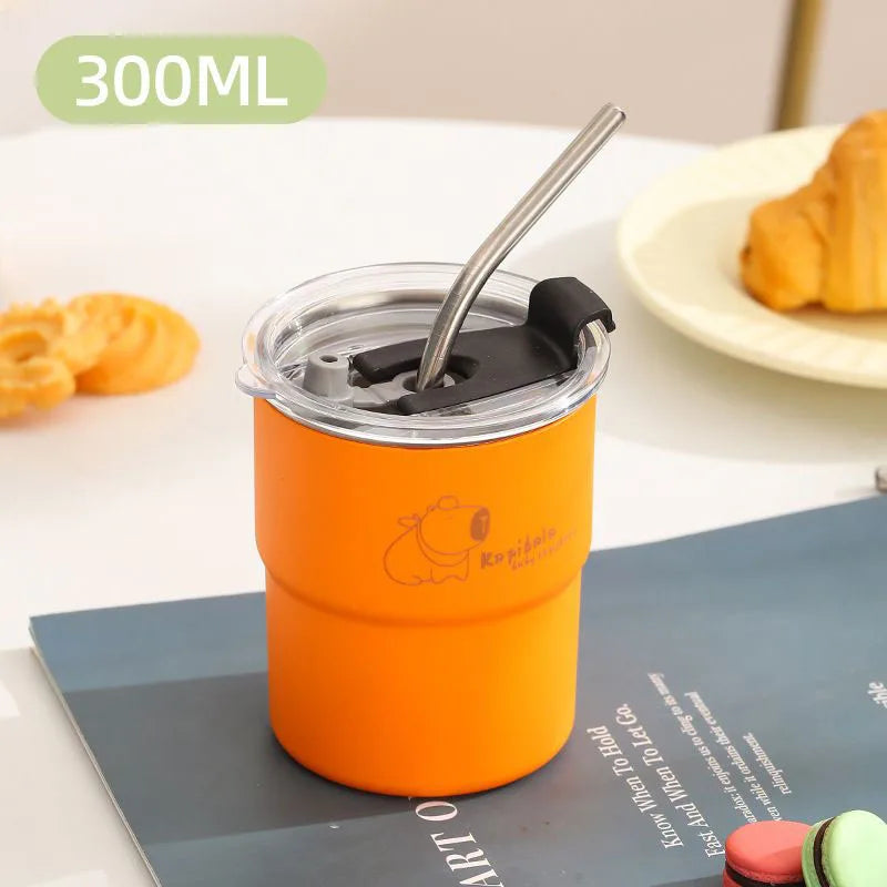 300ml Stainless Steel Tumbler with Straw & Lid – Portable Coffee Travel Mug