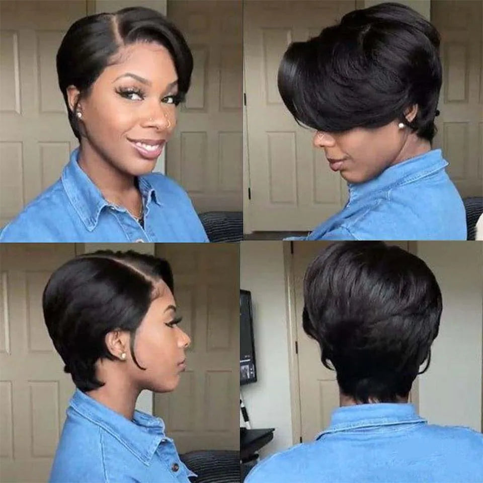 Straight Pixie Cut Human Hair Wig 13x4 Transparent Lace Front (Short Bob, Baby Hair)