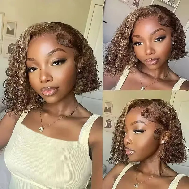Deep Wave Short Bob Honey Blonde Highlight HD Lace Front Human Hair Wig (13x4)