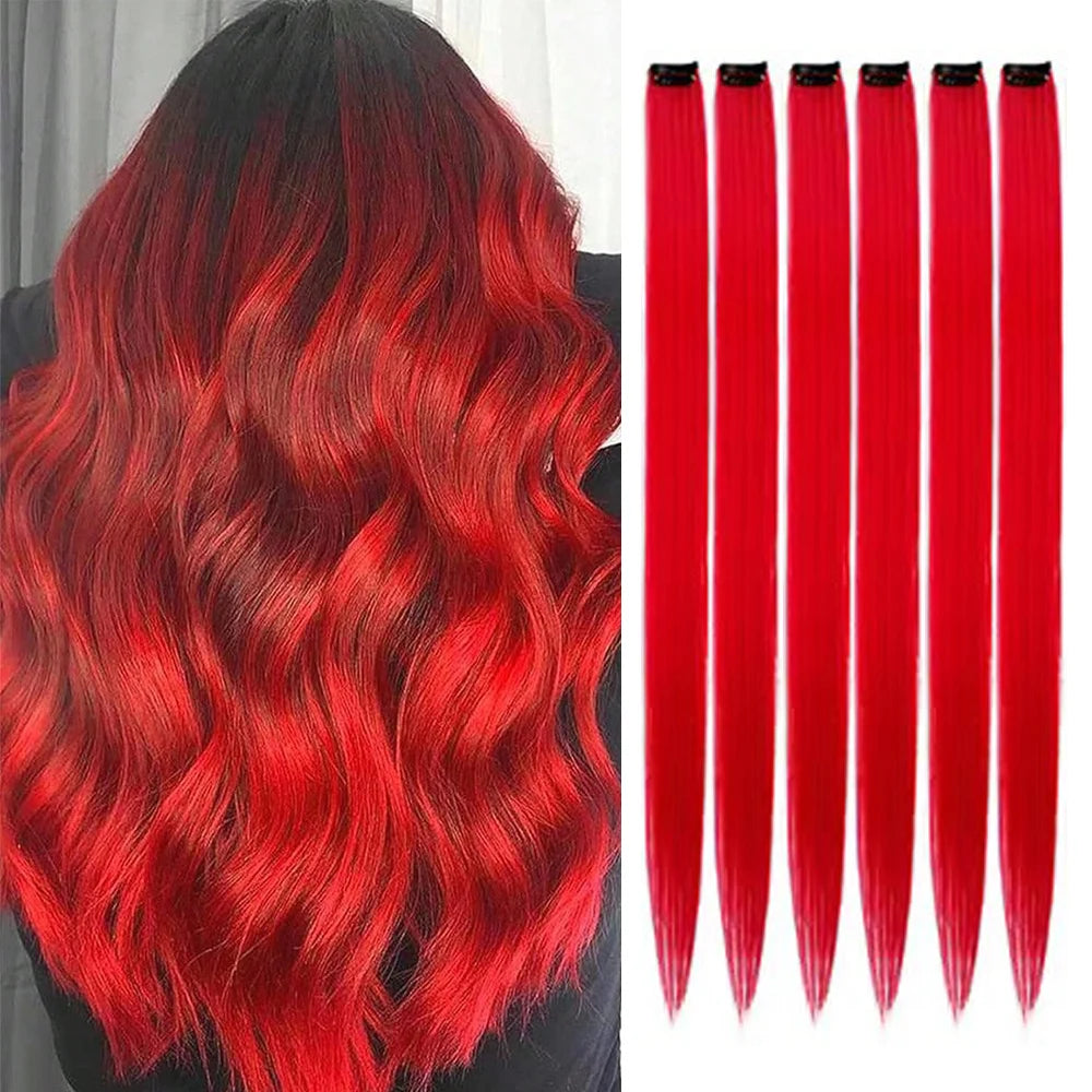 Colored Party Highlight Clip-In Hair Extensions | Synthetic Straight | 6pcs 70g | 22 Inch | Multi-Color