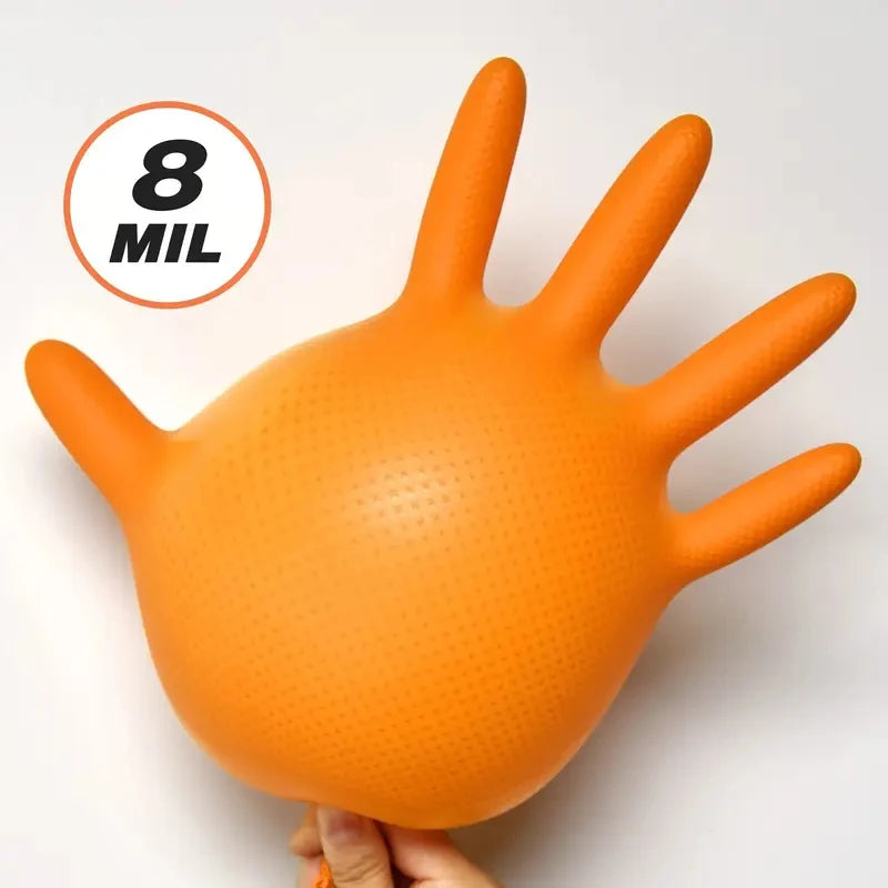 Heavy Duty 8Mil Orange Nitrile Gloves – Industrial Disposable Work Gloves with Diamond Grip for Mechanics & Cleaningg