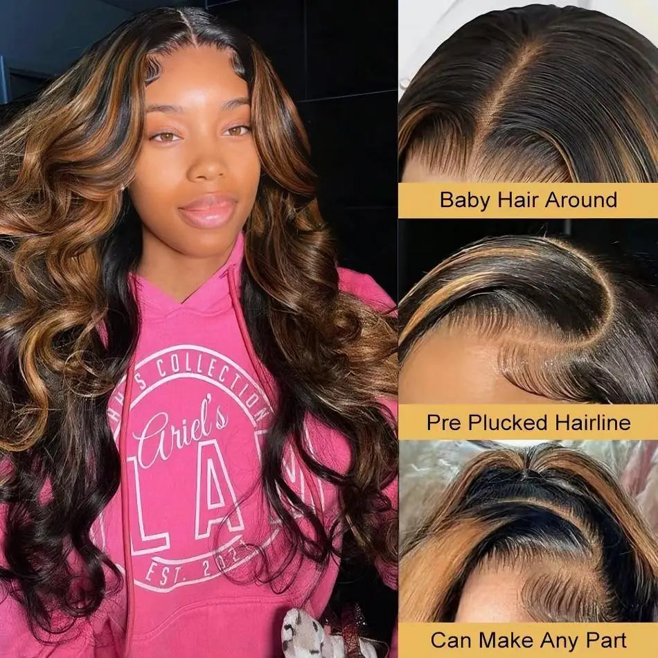 1B/30 Black Brown Body Wave 13x6 HD Lace Front Human Hair Wig (P427 Highlight Ombre, Remy Brazilian Hair)