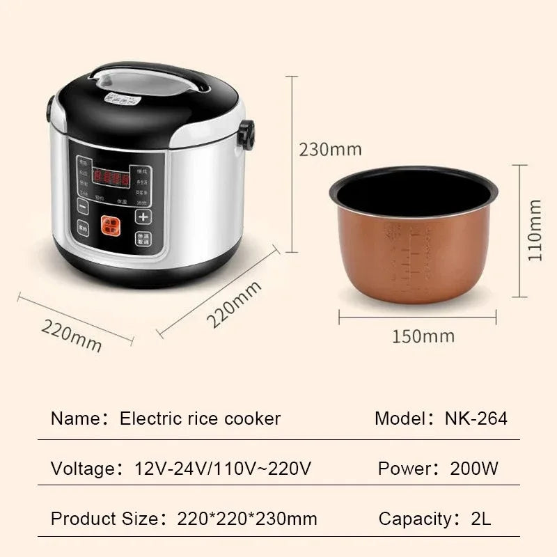 Portable 2L Car Rice Cooker – 12V/24V Electric Multi-Cooker for Soup, Porridge & Steamed Meals