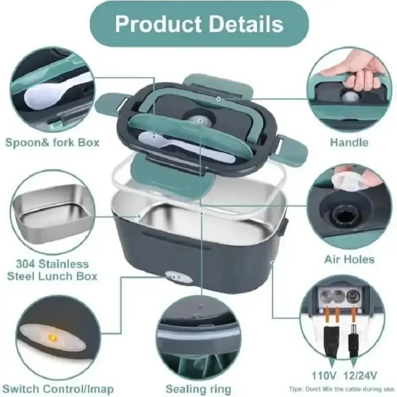 1.5L Electric Heated Lunch Box – 60W Portable Food Warmer for Car, Office & Home | Leak-Proof Stainless Steel Bento