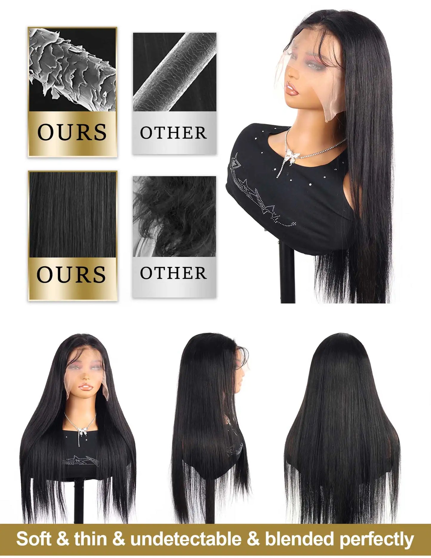 Rovess 13x6 HD Lace Front Bone Straight Human Hair Wig (40–44") – Pre-Plucked, Transparent Lace