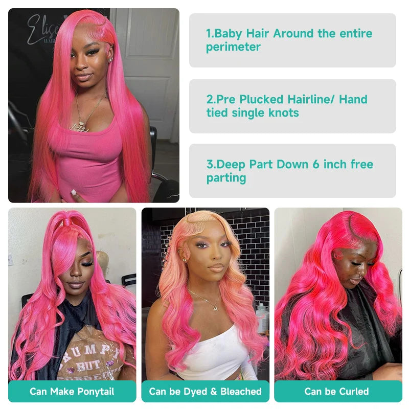 Pink HD Straight Lace Front Human Hair Wig 13x6 – Pre Plucked Baby Hair, 180% Density