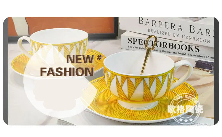European Style Bone China Tableware Set – Sunshine Geometric Steak Plate & Cup Gift Set for Elegant Dining
