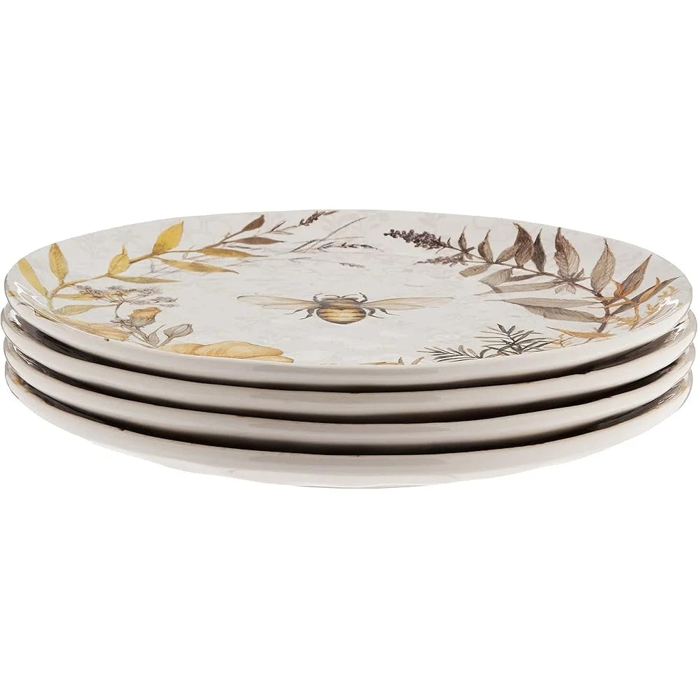 Floral Bee Ceramic Dinner Plates Set of 4 – 10.75" Nature-Inspired Tableware, Dishwasher Safe