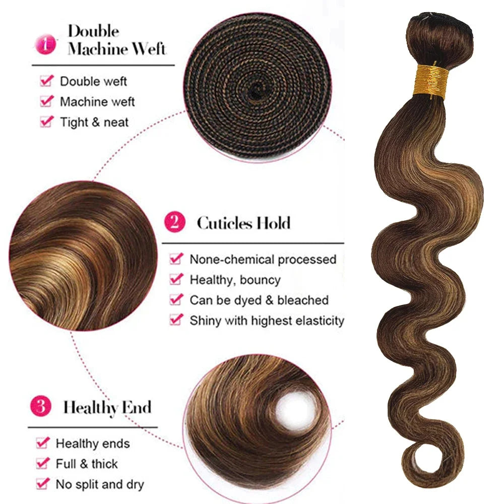 16A Brazilian Highlight Ombre Body Wave Virgin Hair Bundles (Unprocessed, Double Weft, Weave Extensions)