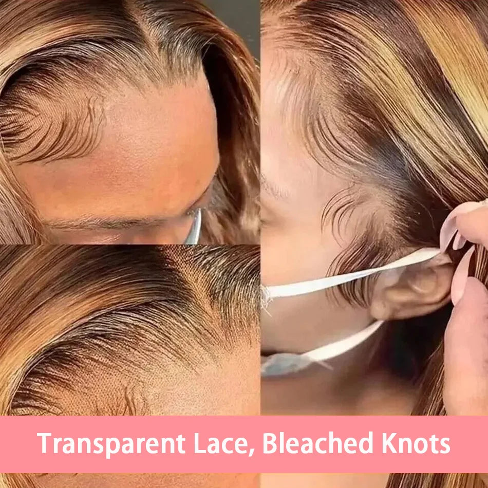 Short Body Wave Bob Wig with Highlights – 13×4 Transparent Lace Frontal, Ombre Brown Blonde 4/27, 100% Brazilian Human Hair