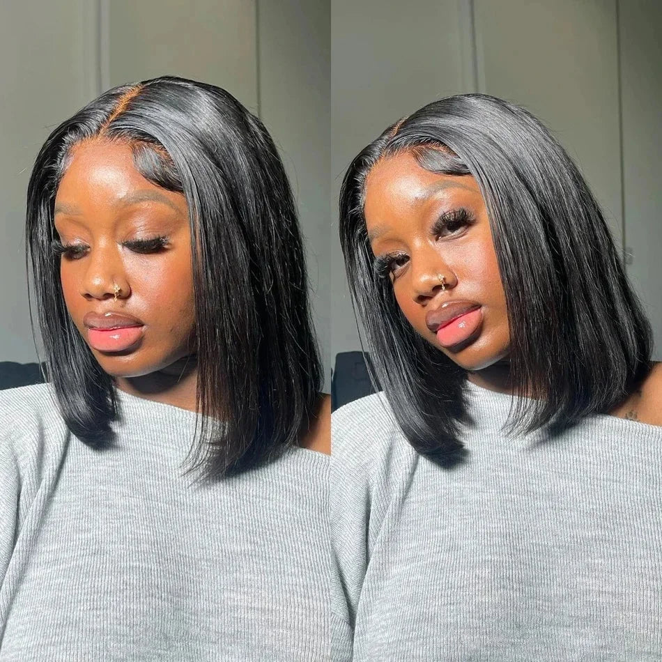 4x4 / 13x4 Lace Front Human Hair Bob Wig – Bone Straight Short Wig, Pre-Plucked Brazilian Lace Frontal 100% Human Hair