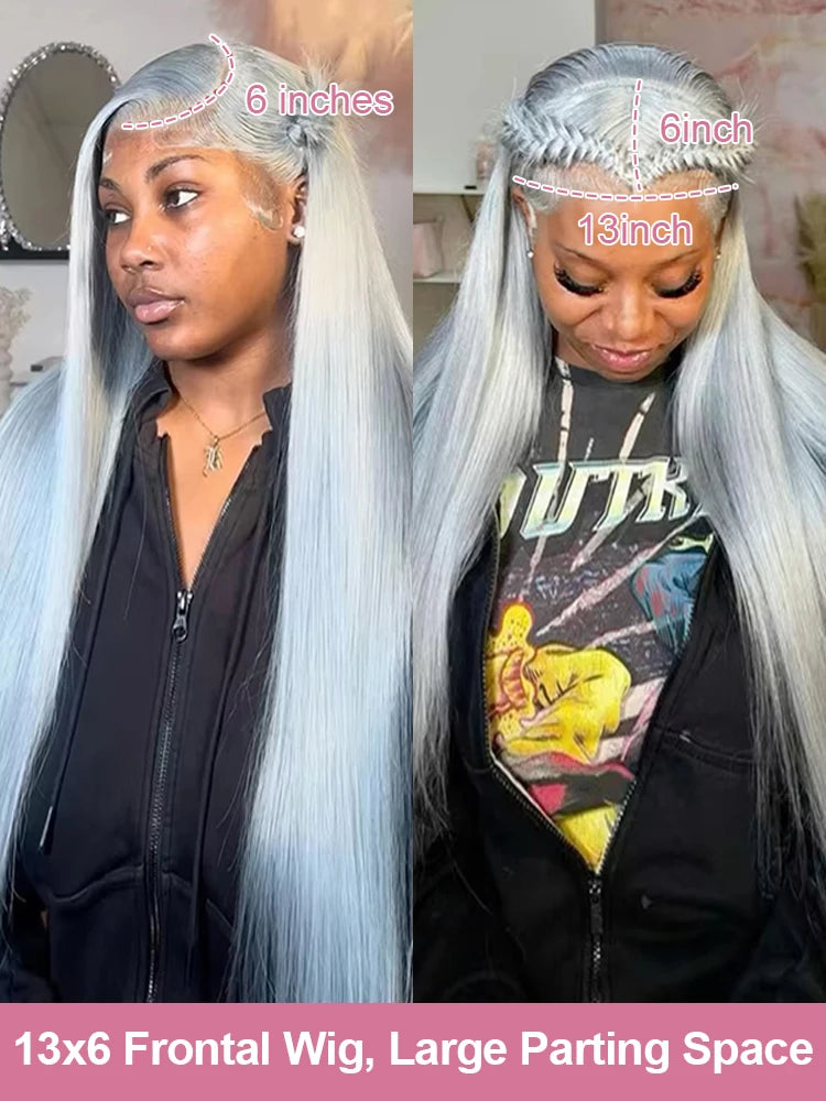 40” Silver Grey Straight HD Lace Front Human Hair Wig (13x6 / 13x4, Brazilian Remy, Pre-Plucked)