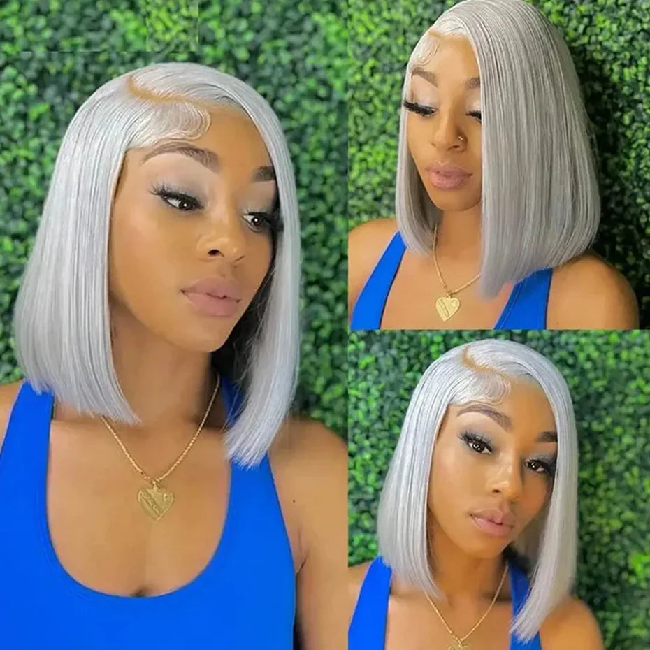 Silver Grey Bob Wig | 13x6 Lace Front Human Hair Wig | Straight Brazilian Remy Hair | 200% 250% Density