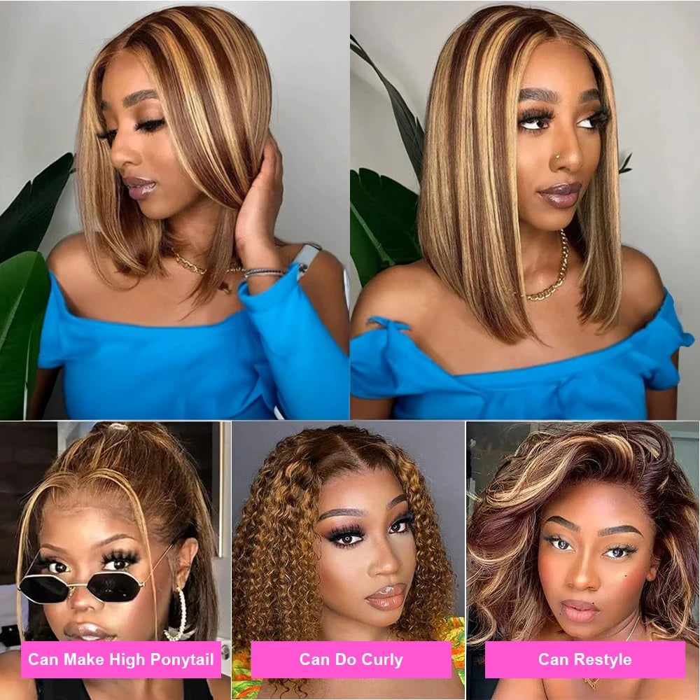 4/27 Ombre Highlight Straight Bob Human Hair Wig 13x4 Transparent Lace Front (Remy, Pre-Plucked)
