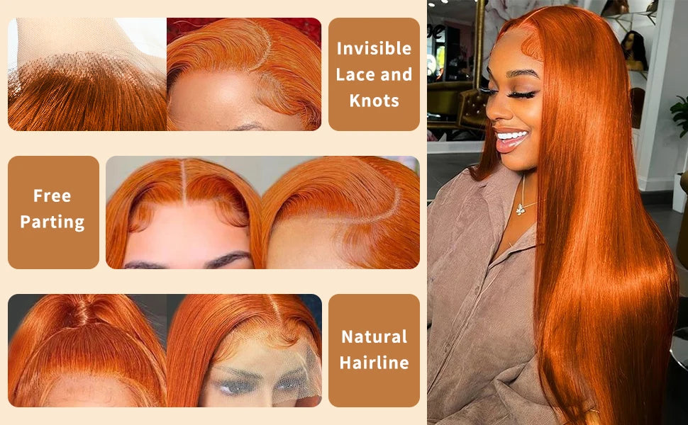 Ginger Orange 13x6 HD Lace Front Human Hair Wig – 30 inch, 200 Density, Straight, Pre-Plucked Natural Hairline