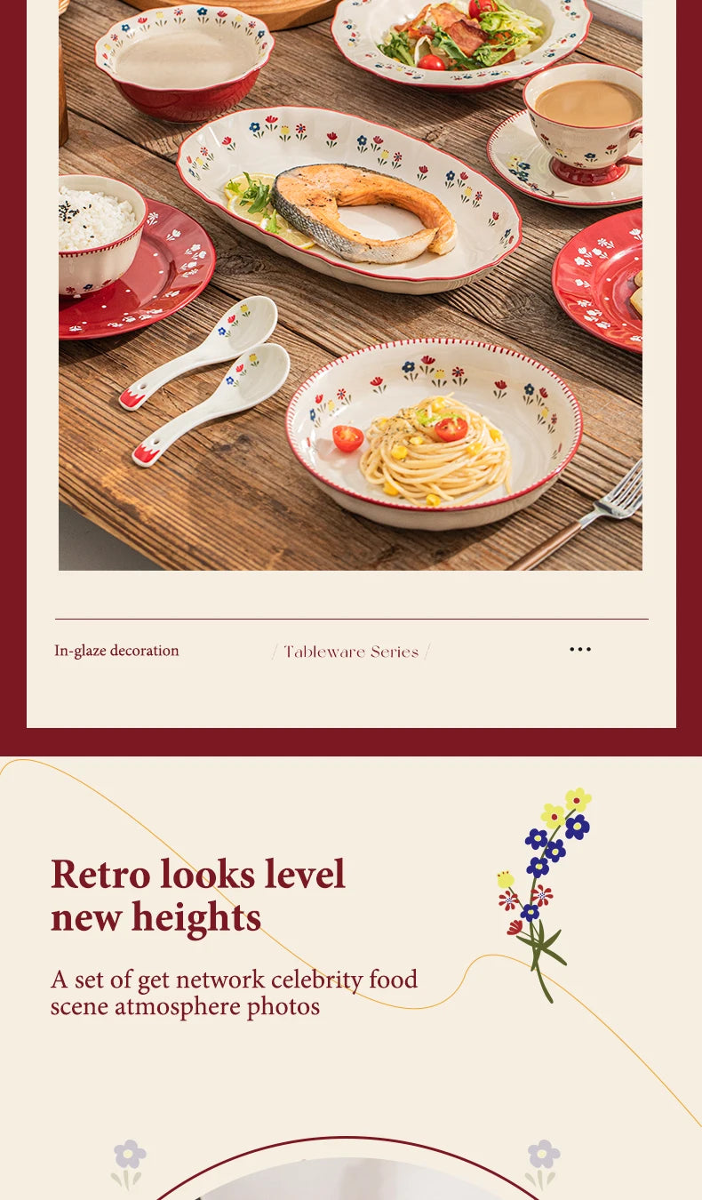 Vintage Floral Ceramic Dinnerware Set – Retro Soup Bowls, Salad & Pasta Plates, Microwave Safe Porcelain Tableware