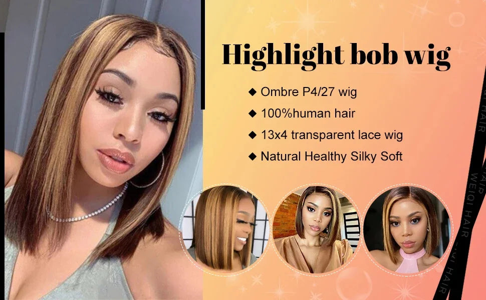 Luxexuan 13x4 Transparent Lace Front Bob Wig – 4/27 Ombre Honey Blonde Straight Human Hair (10–16")